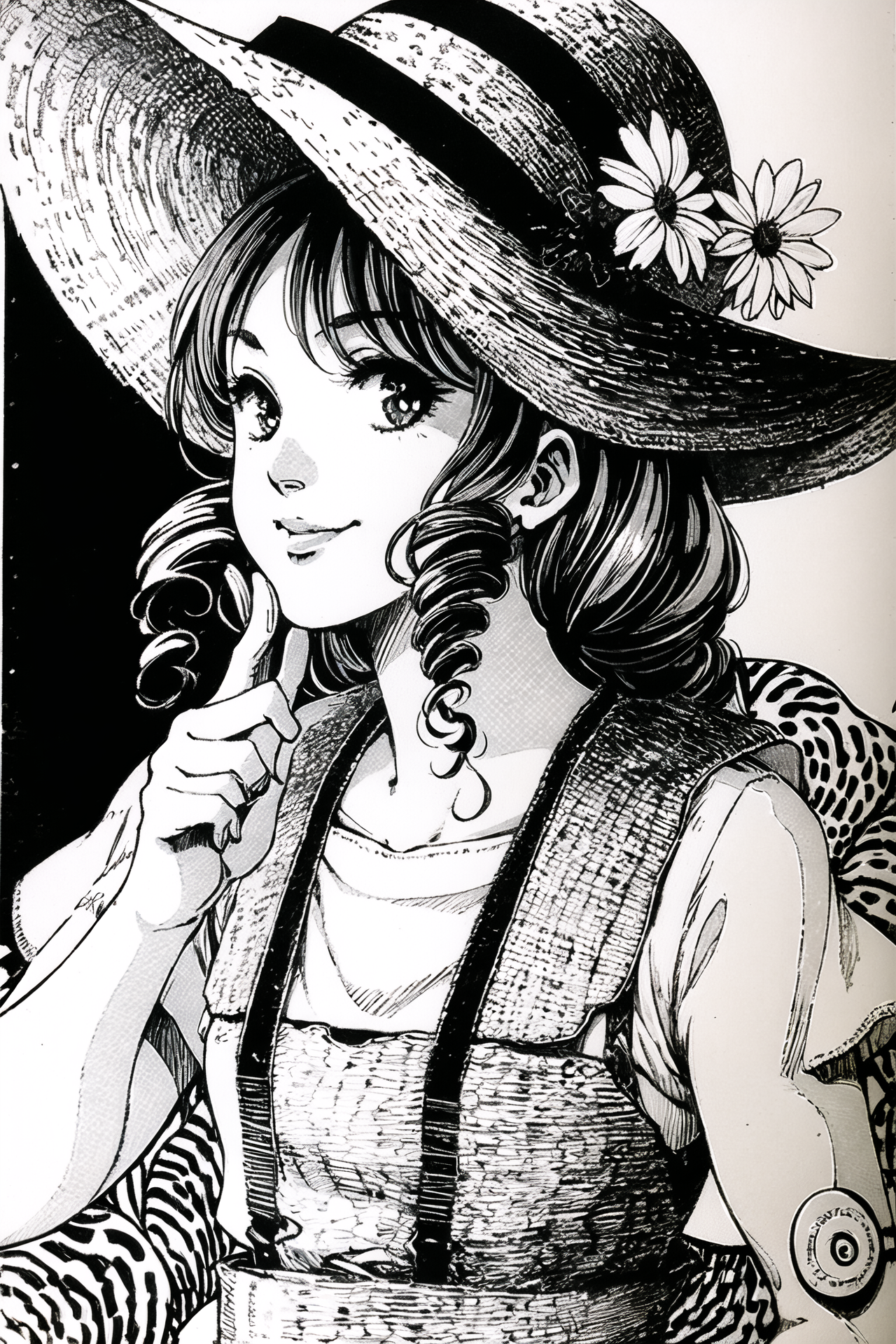 05179-2889407971-1girl, solo, hat, flower, traditional media, monochrome, food, sun hat, smile, hat flower, lollipop, candy, drill hair,.png